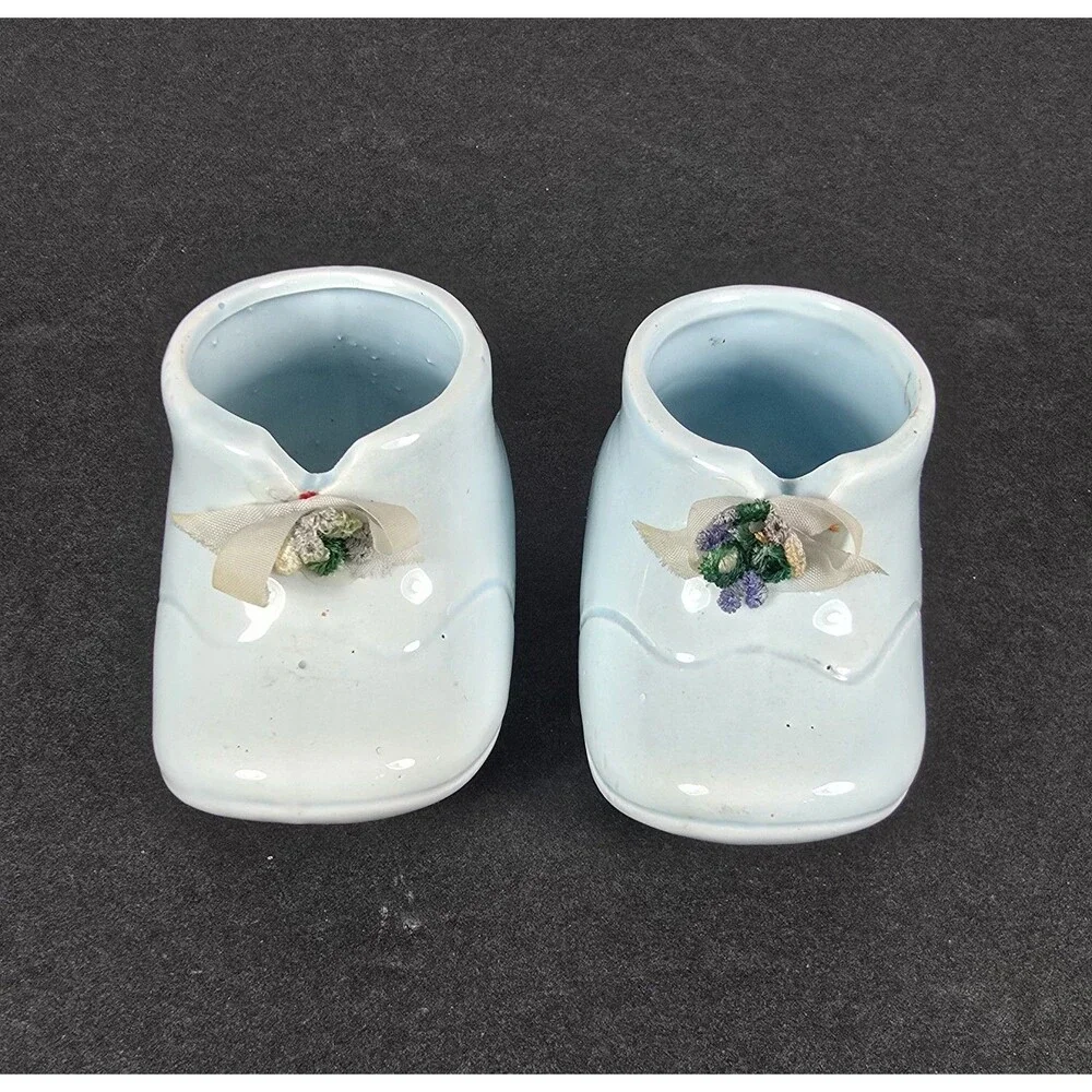 Vintage Blue Ceramic Baby Booties Shoes Mini Figurines with Flowers
